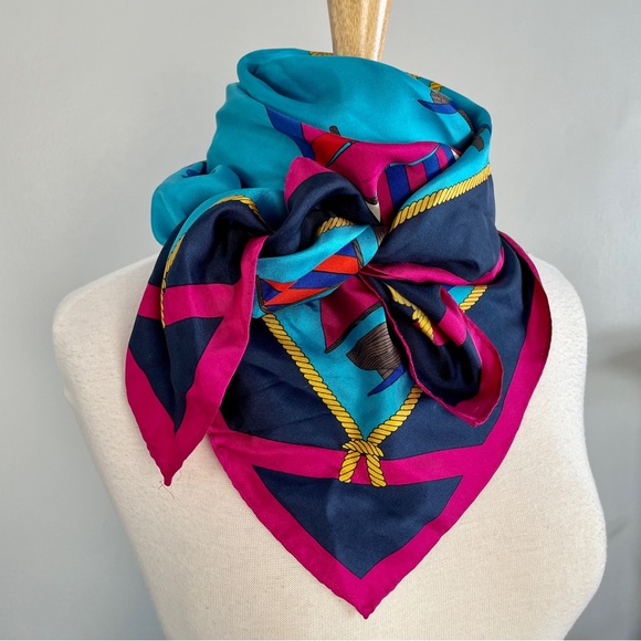 Vintage Shiny Silky Nautical Jewel Toned Square Scarf - Picture 1 of 10